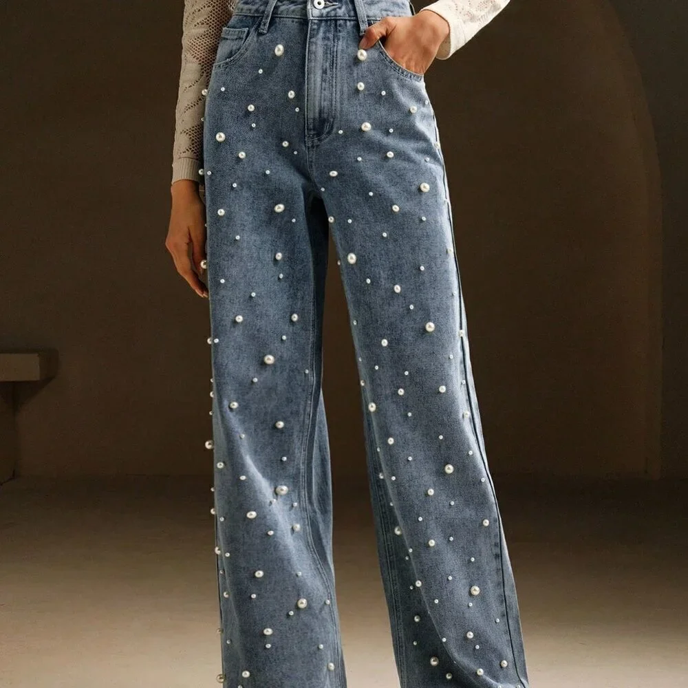Blue Casual Women's High Waist Pearl Embellished Straight Loose Wide Leg Jeans
